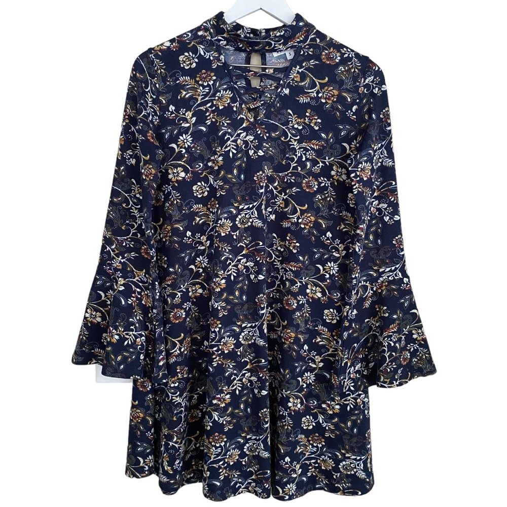 Wonderland Navy and White Floral‎ High Neck Bell Sleeve Tunic Swing Dress Small